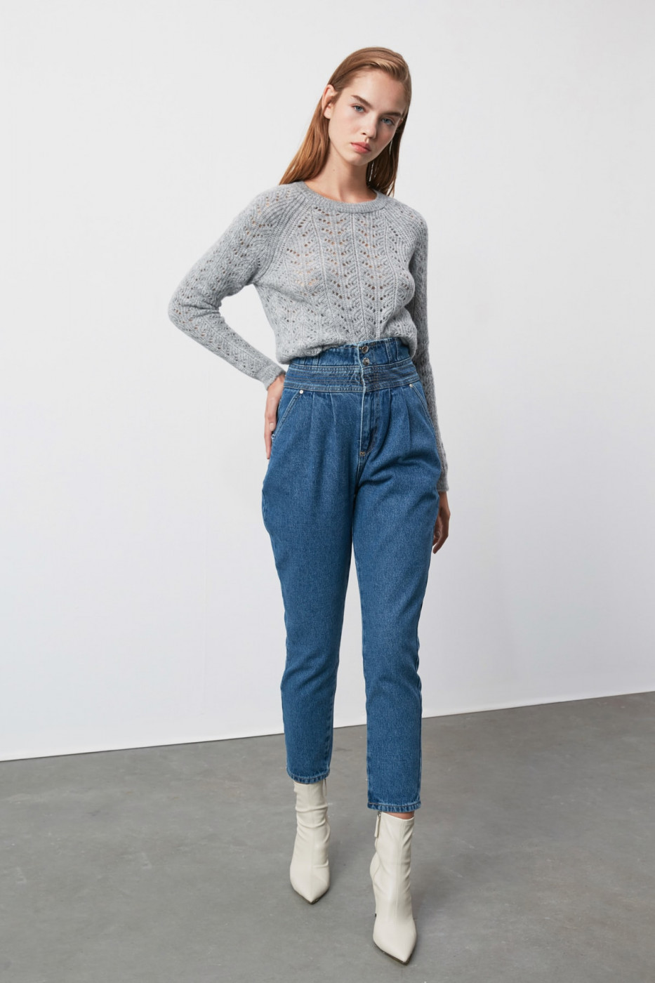 Trendyol Blue Pleated Stitch Detail Super High Waist Mom Jeans