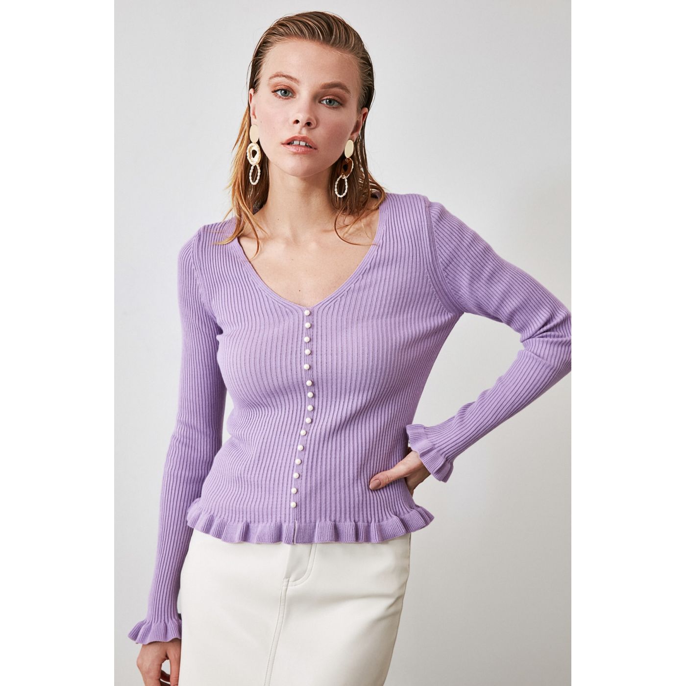 Trendyol Lila Pearl Detailed Knitwear Sweater