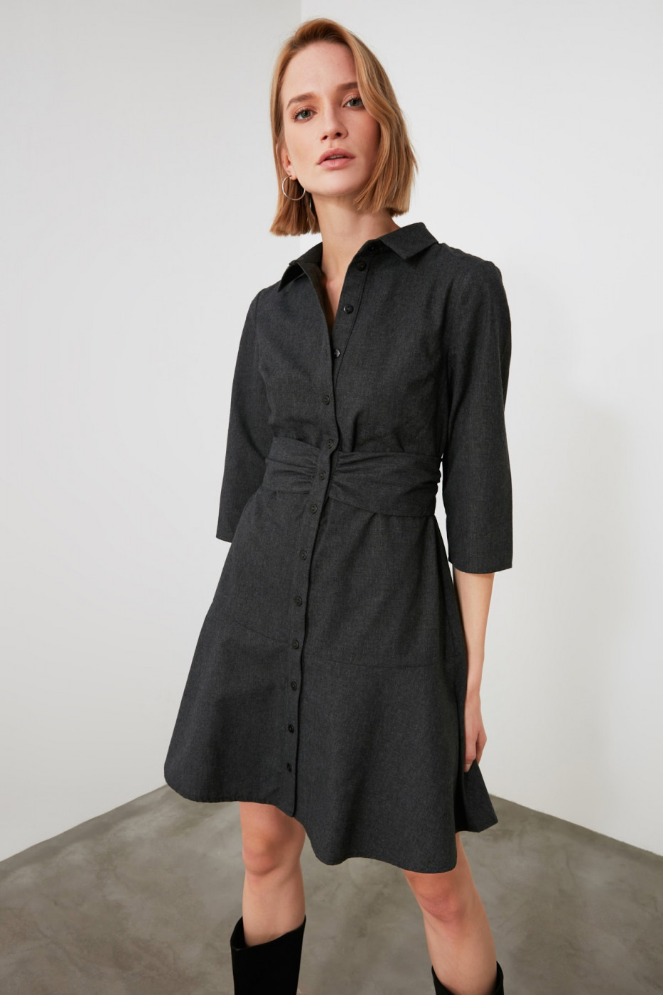 Trendyol Anthracite Belted Shirt Dress