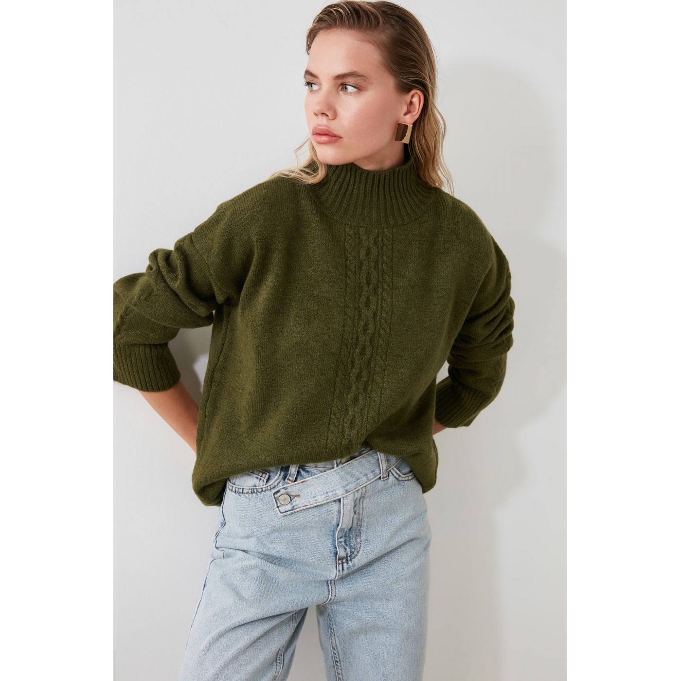 Trendyol Khaki Knitting Detailed Turtleneck KnitSweater