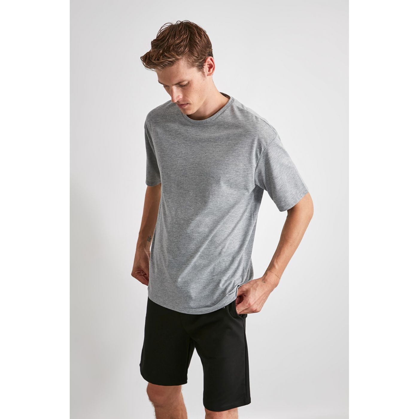 Trendyol Grey Back Printed Knitted T-Shirt