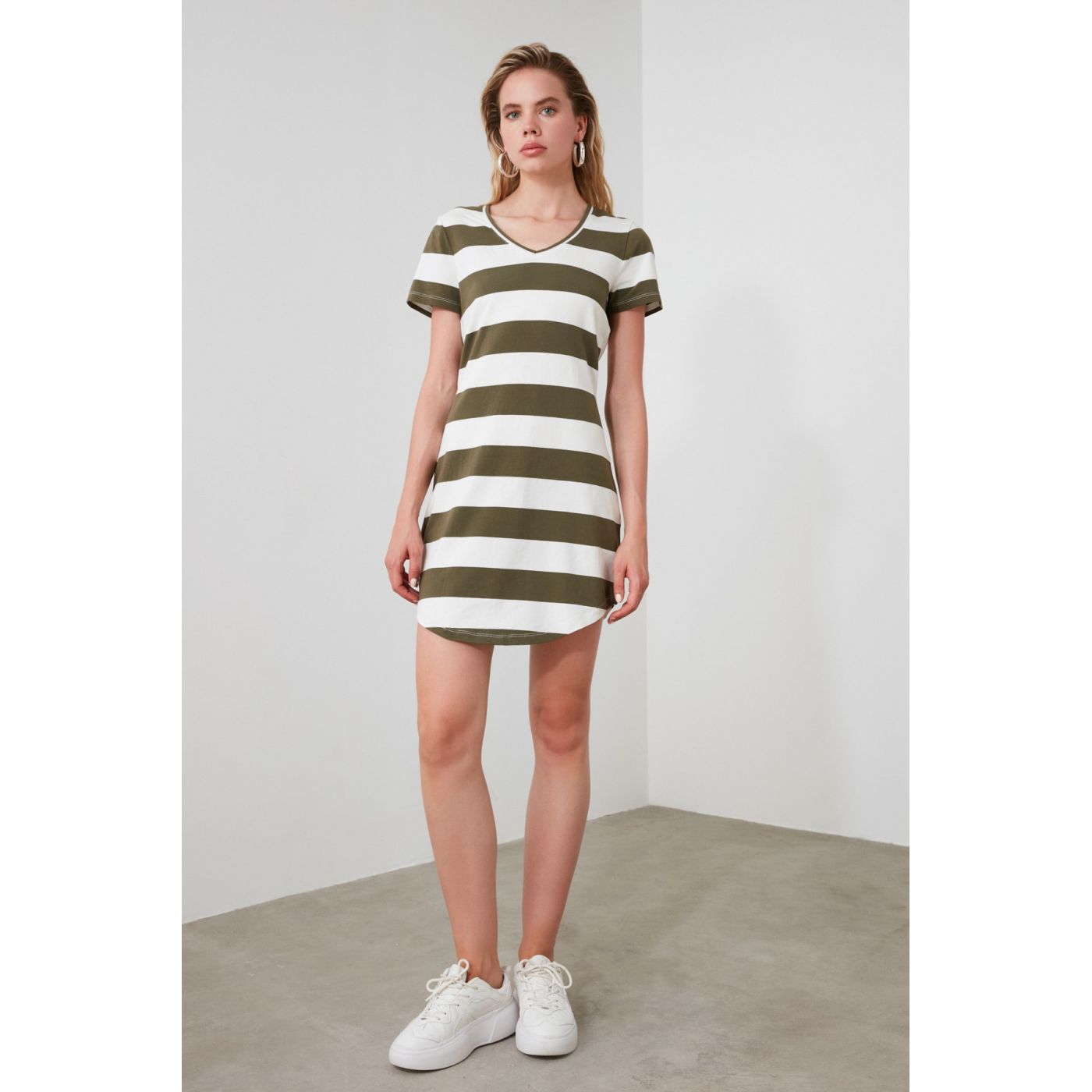 Trendyol Khaki Striped V Collar Knitting Dress