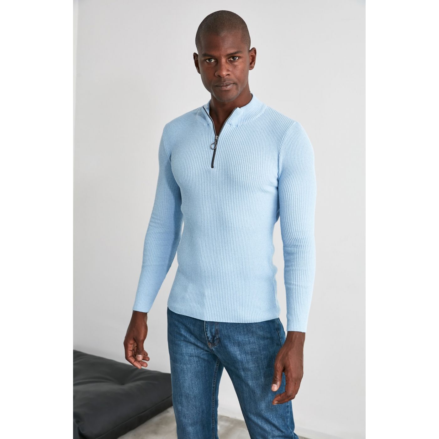 Trendyol Blue Men's Suppository Collar Zip-up Sweater