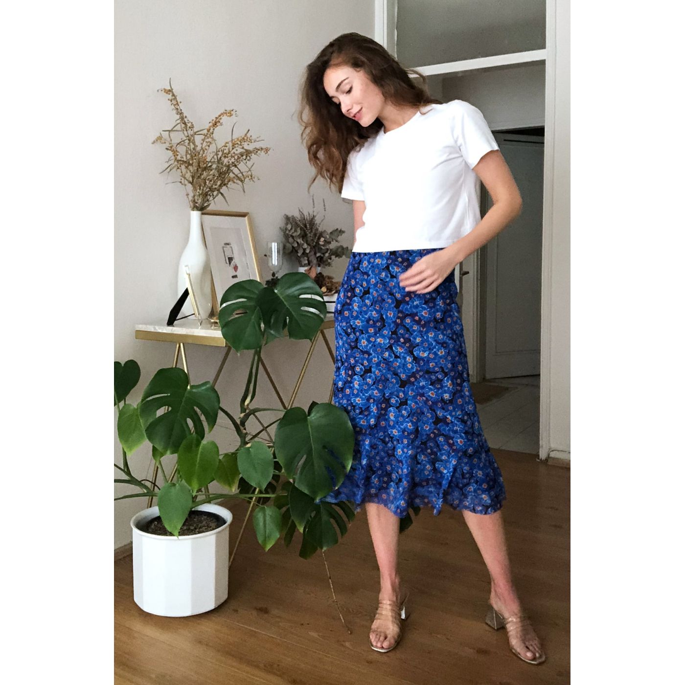 Trendyol Blue Flower Patterned Tulle Knitted Skirt