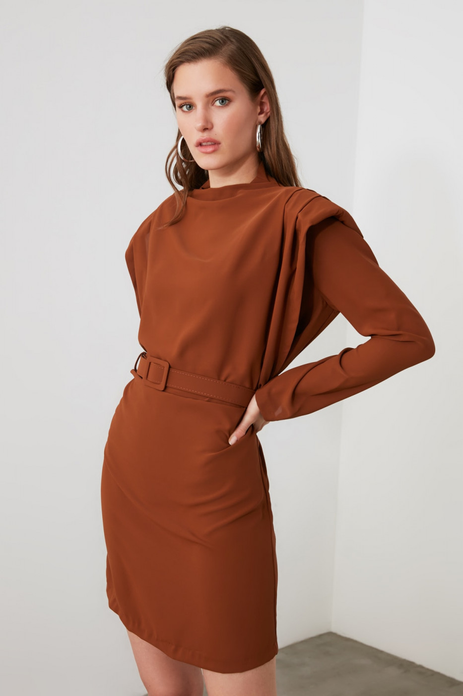 Trendyol Brown BeltEd Shoulder Detailing Dress