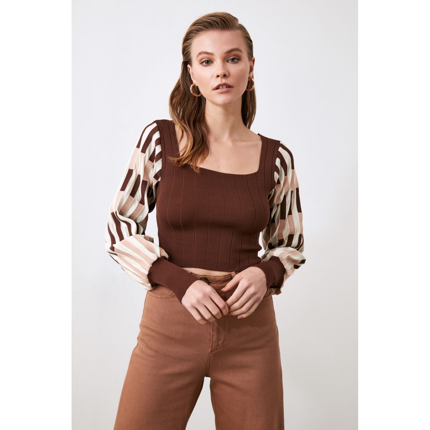 Trendyol Brown Square Collar Balloon Knitwear Sweater