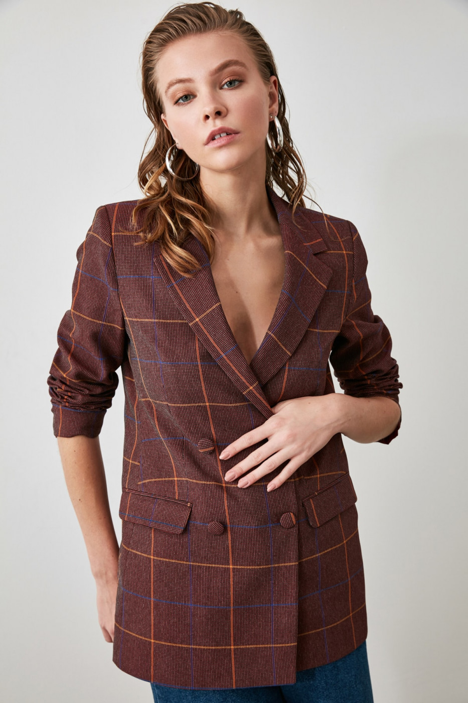 Trendyol Burgundy Plaid Blazer Jacket