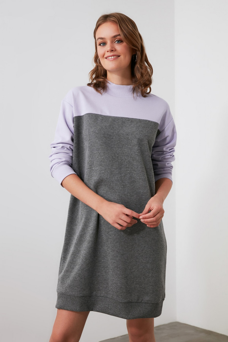 Trendyol Anthracite Color Blocked Sheer Collar Knitted Sweat Dress