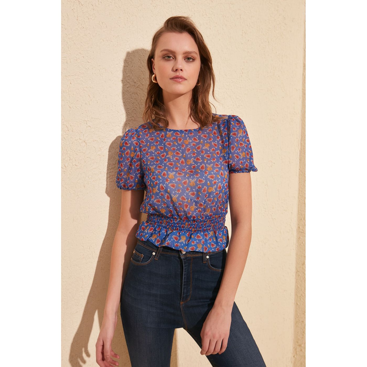 Trendyol Navy Waist Ruffled PatternEd Blouse