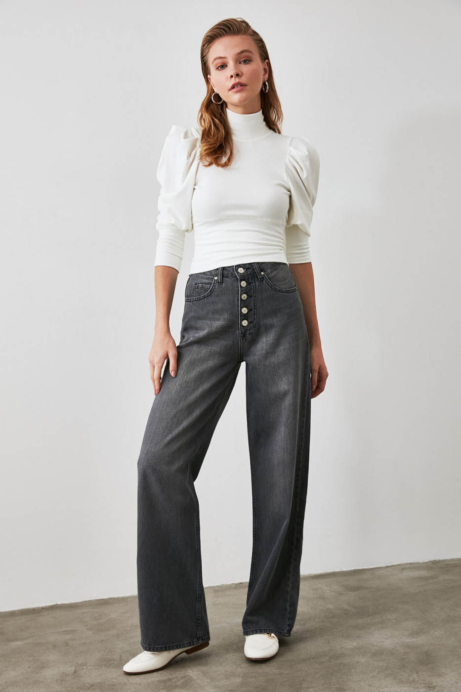 Trendyol Anthracite Front Button High Waist Wide Leg Jeans