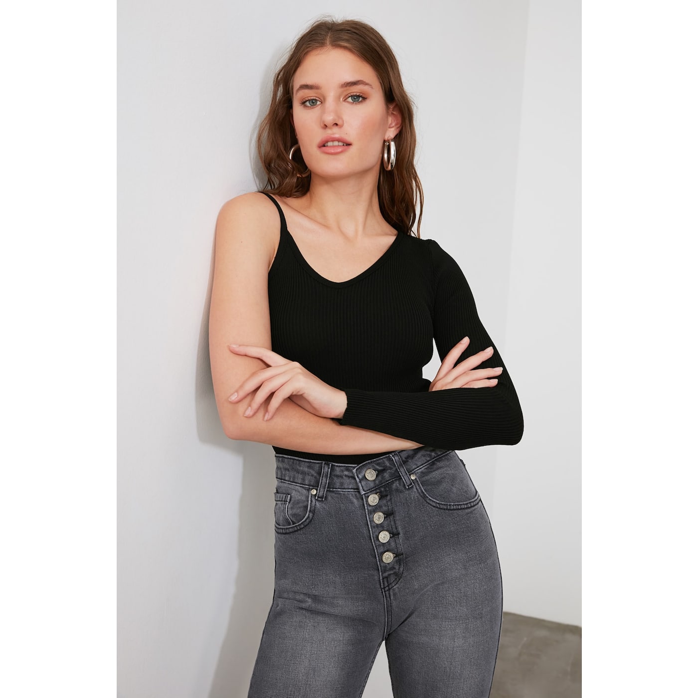 Trendyol Black One Arm Shoulder Strap Knitwear Sweater