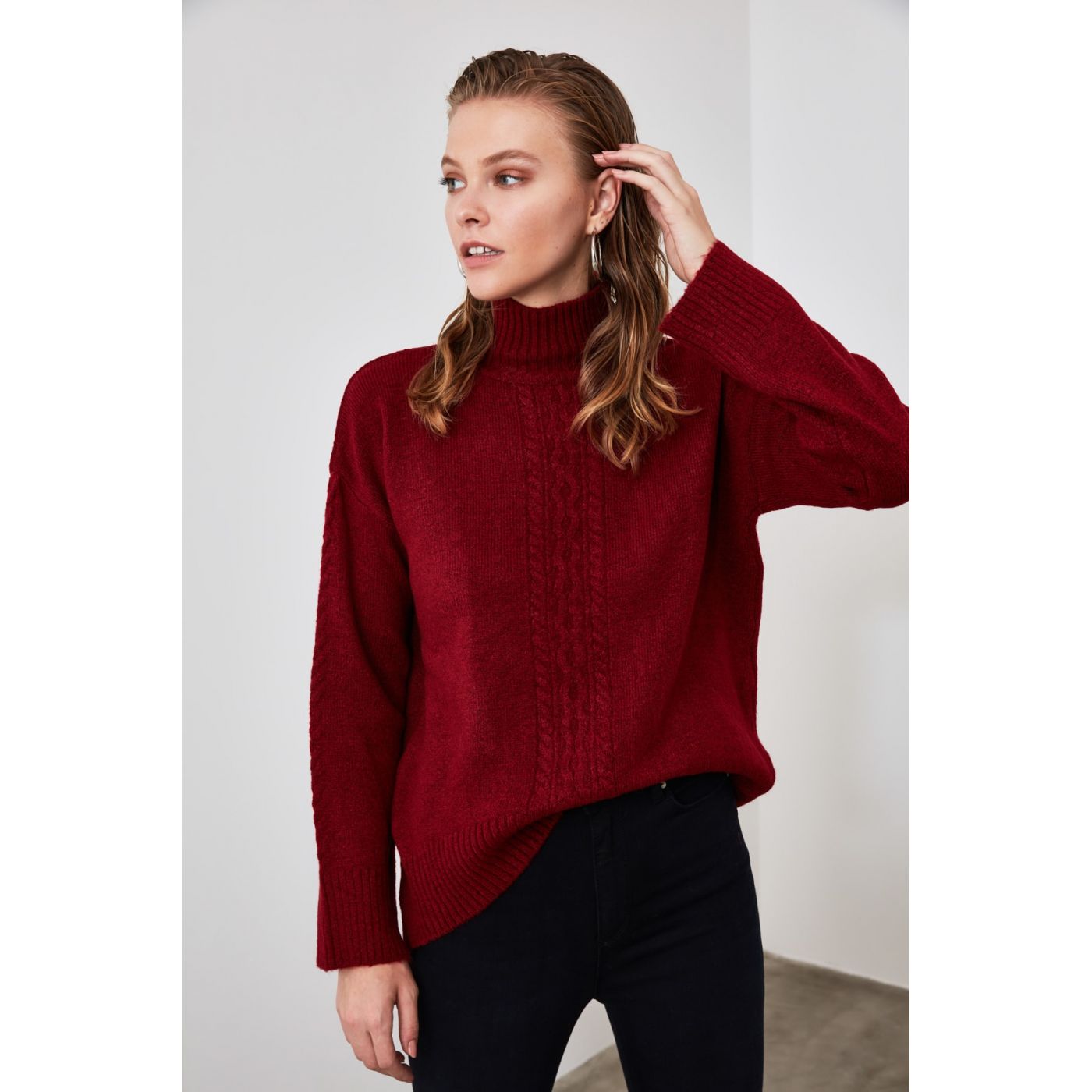 Trendyol Burgundy Knitted Fisherman's Collar Knit Sweater