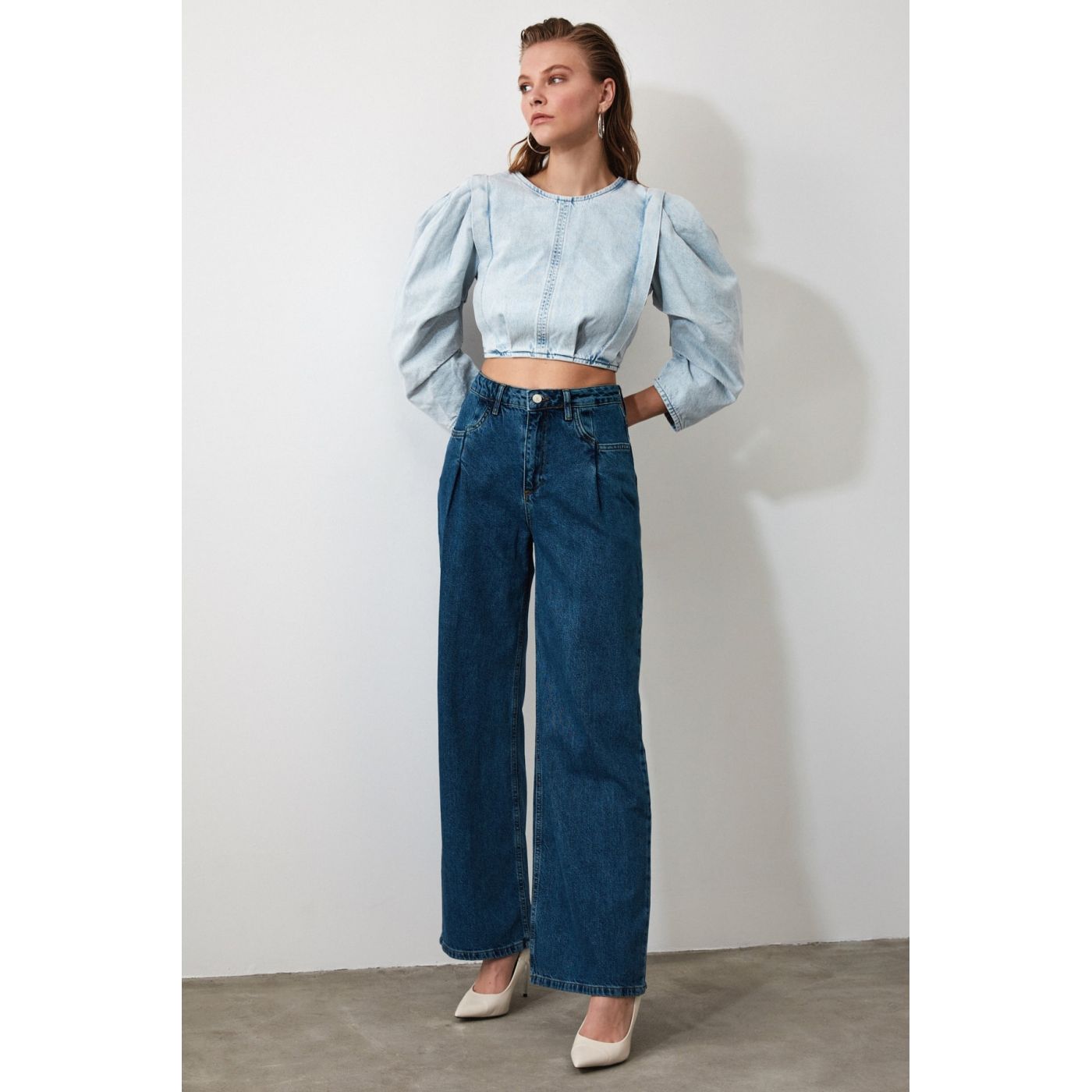 Trendyol Blue Pile High Waist Wide Leg Jeans
