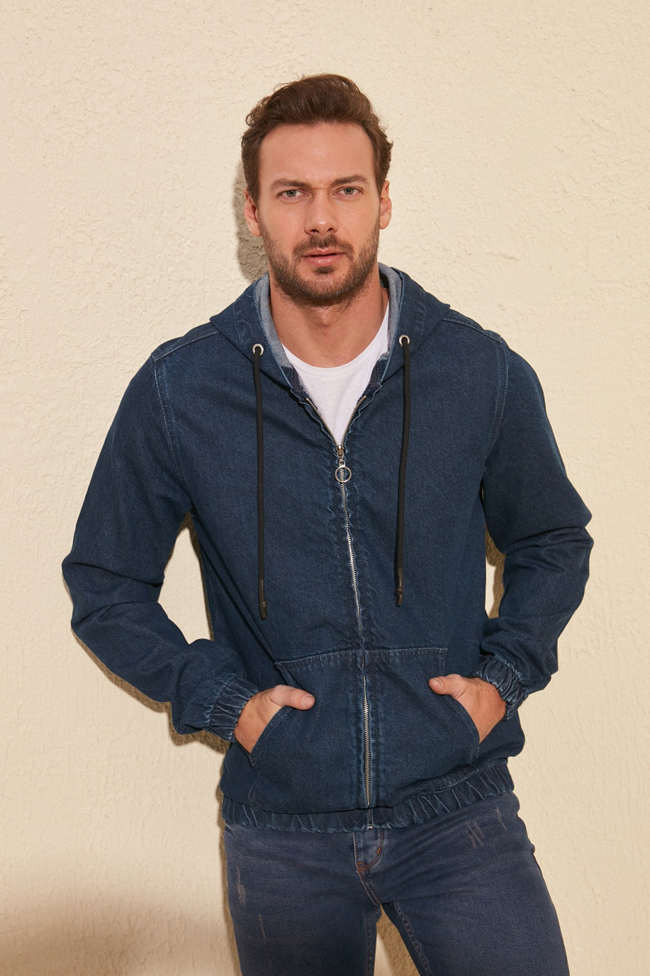 Trendyol Indigo Men's Zippered Hooded Denim Jacket