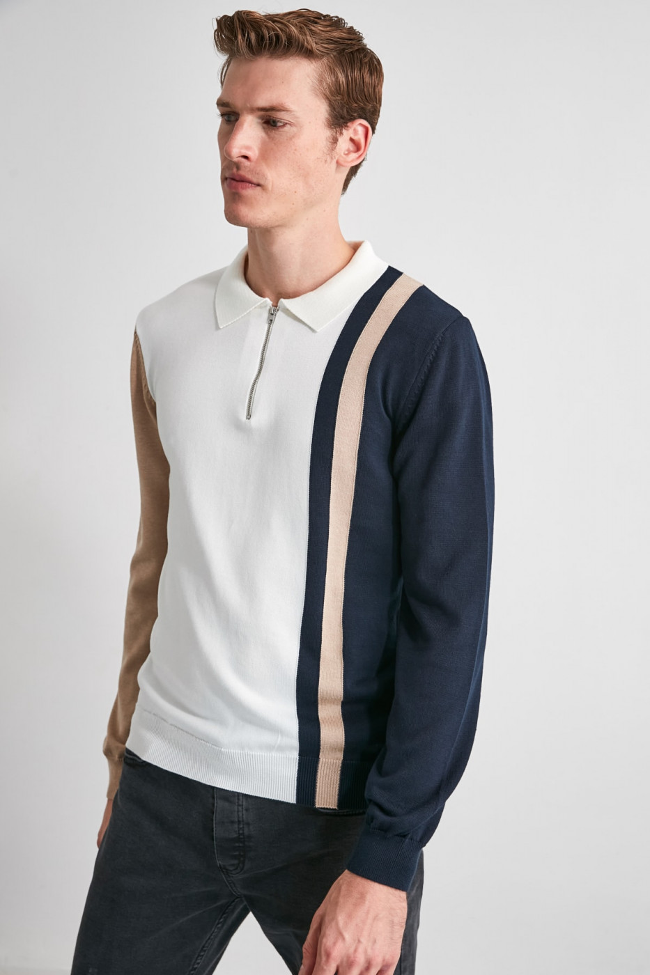 Trendyol Ekru Men's Paneled Zipper Knitwear Sweater