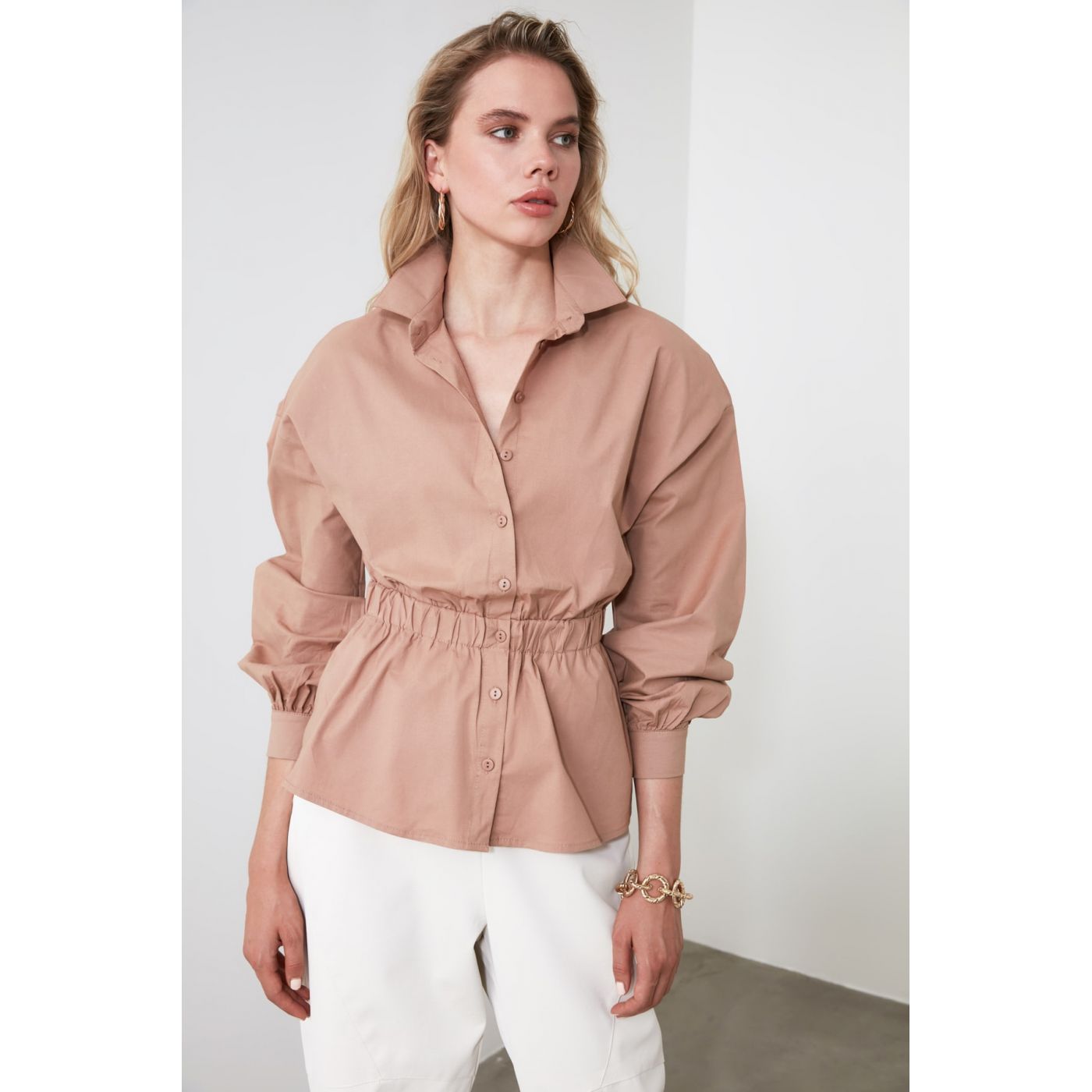 Trendyol Camel Waist Puckered Shirt