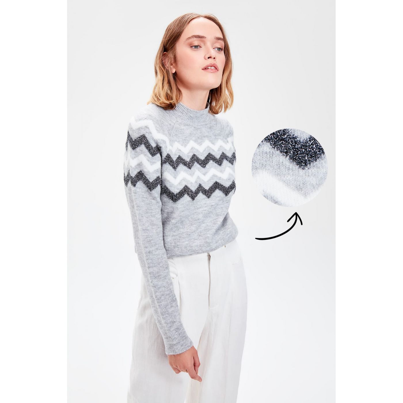 Trendyol Grey Glitter Zigzag Knitwear Sweater