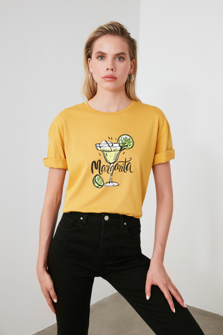 Trendyol Yellow Printed Loose Knitted Shirt