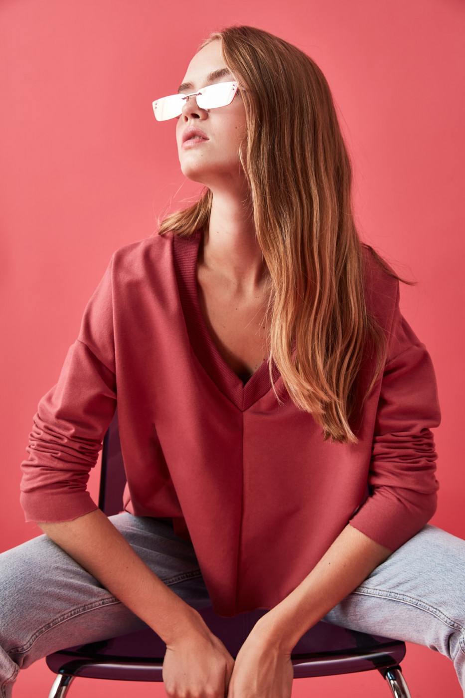 Trendyol Rose Dry V Collar Swand Knitted Sweatshirt