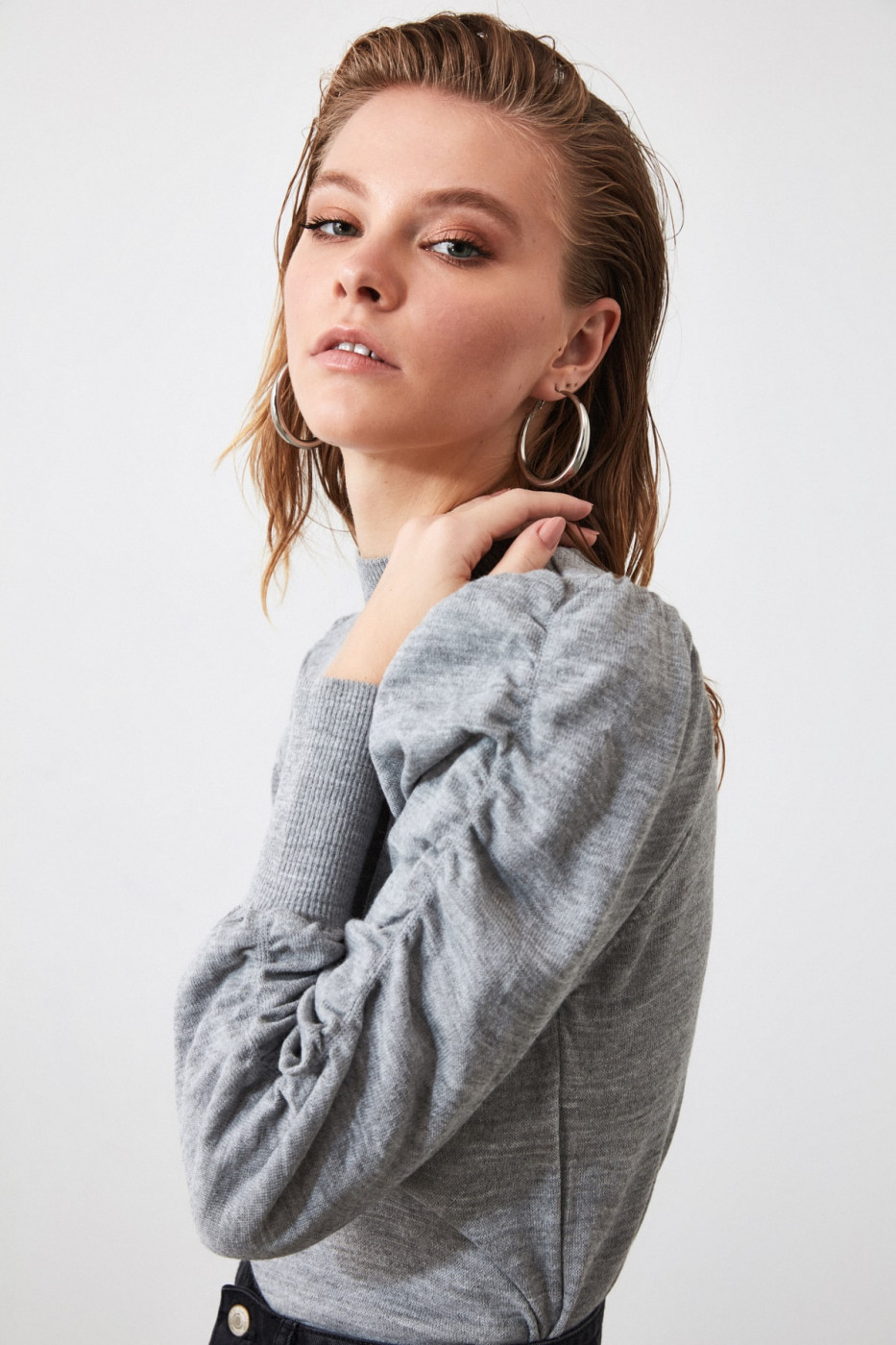 Trendyol Grey Handle Gathered Knit Sweater