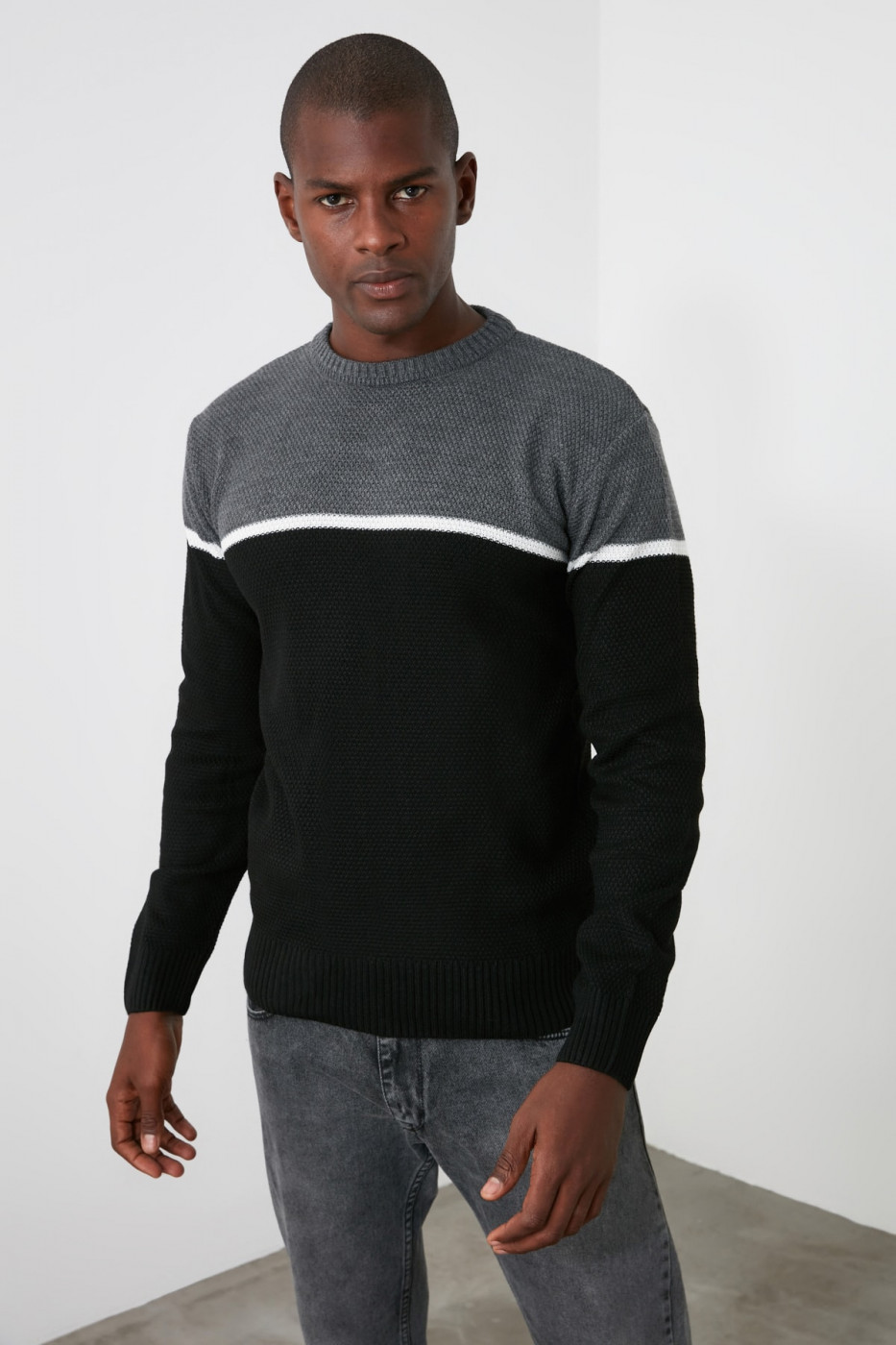 Trendyol Black Men's Bicycle Collar Paneled Sweater
