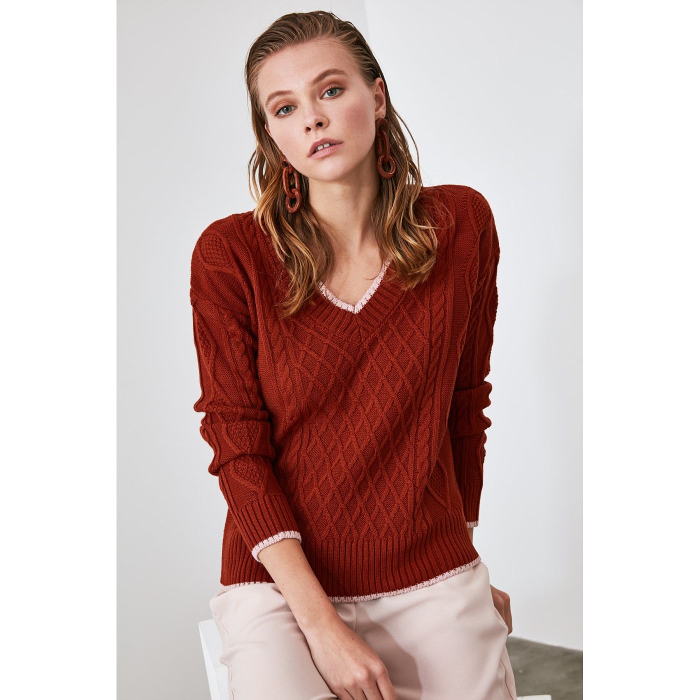Trendyol Brown Biye Detailed Knitwear Sweater