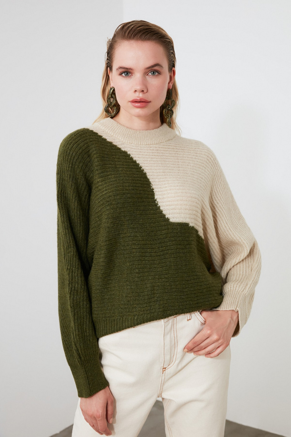 Trendyol Khaki Color Block Knit Sweater