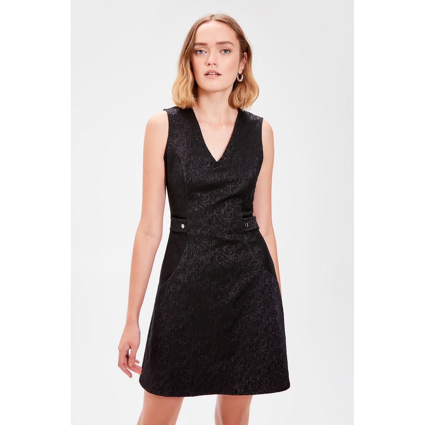 Trendyol Black Button Detailed Jacquard Dress