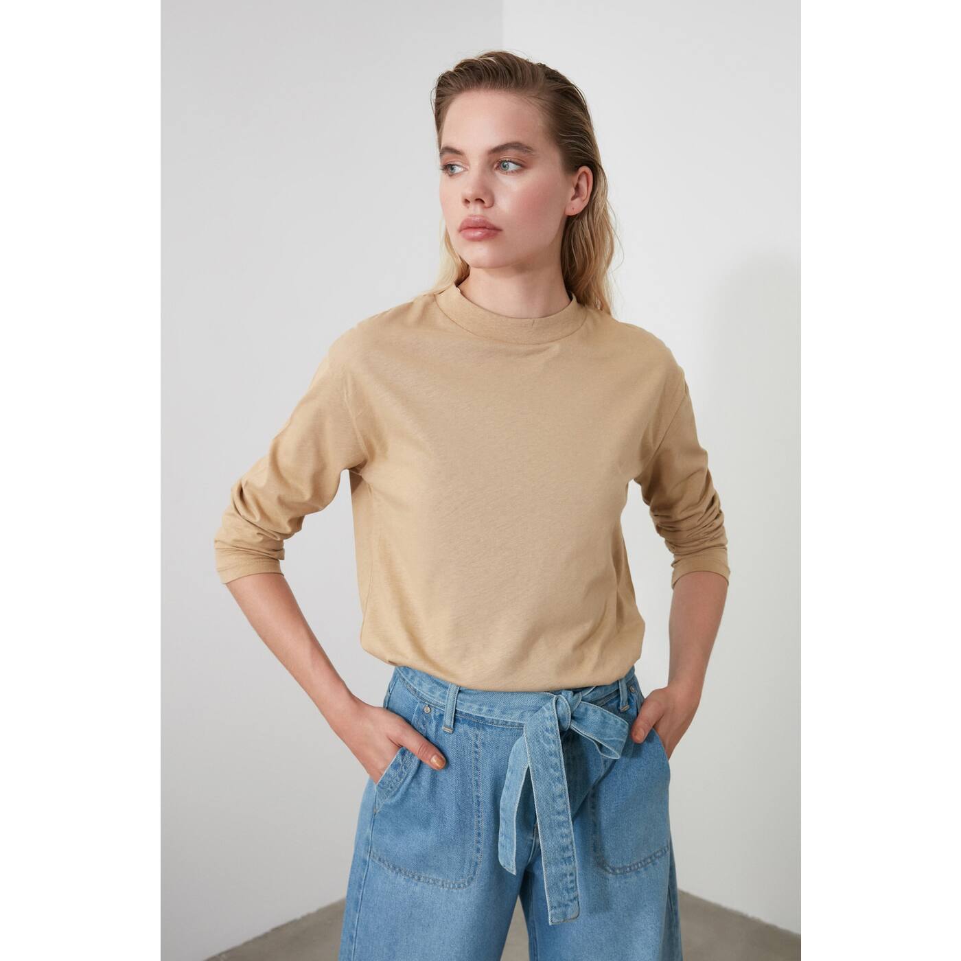 Trendyol Camel Long Sleeve Supright Collar Knitted T-Shirt