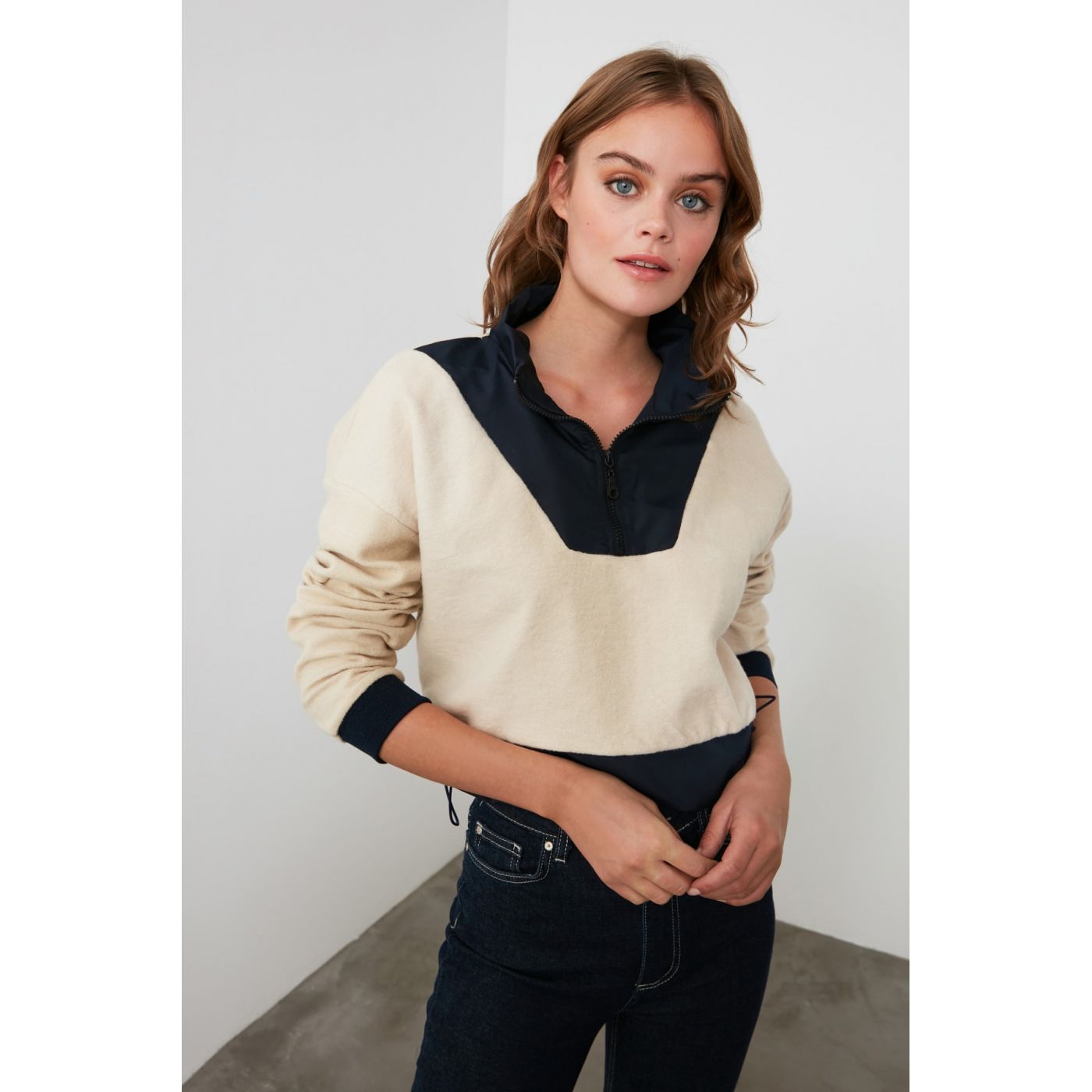 Trendyol Ekru Parachute Detailed Oversize Knitted Sweatshirt
