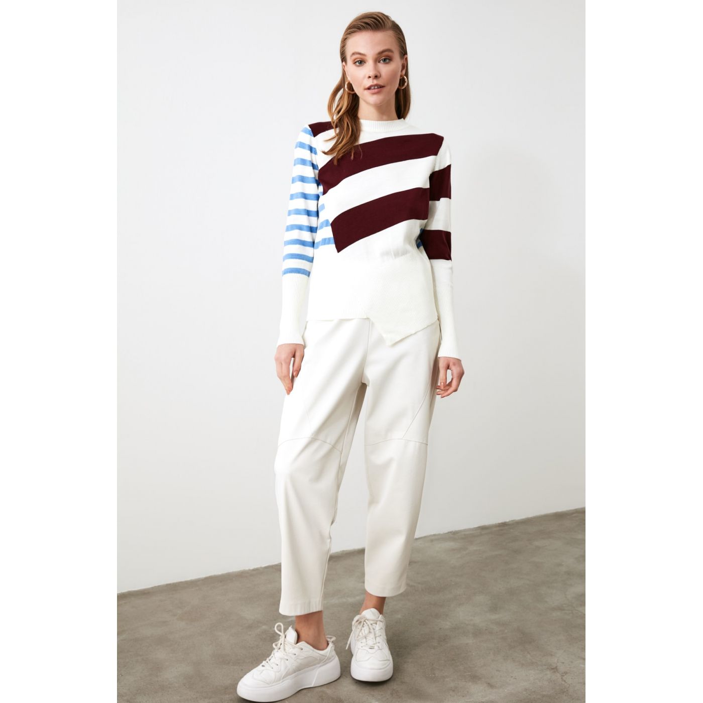 Trendyol Burgundy Contrast Striped Knitwear Sweater