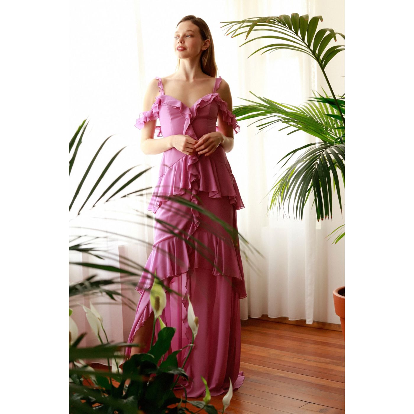 Trendyol Pink Frill Detailed Evening Dress & Graduation Dress