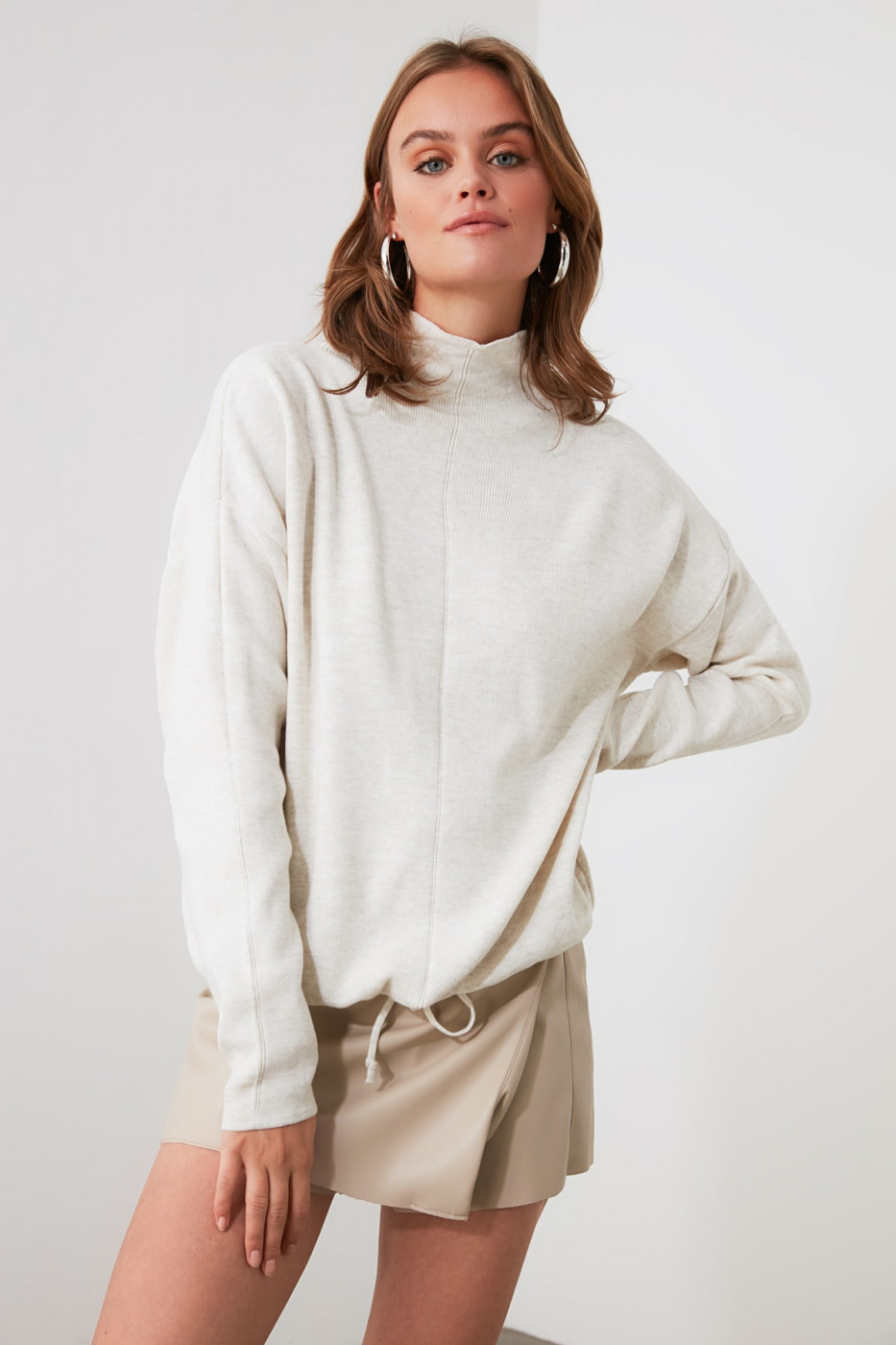 Trendyol Ekru Upright Collar Fastening Detailed Knitwear Sweater