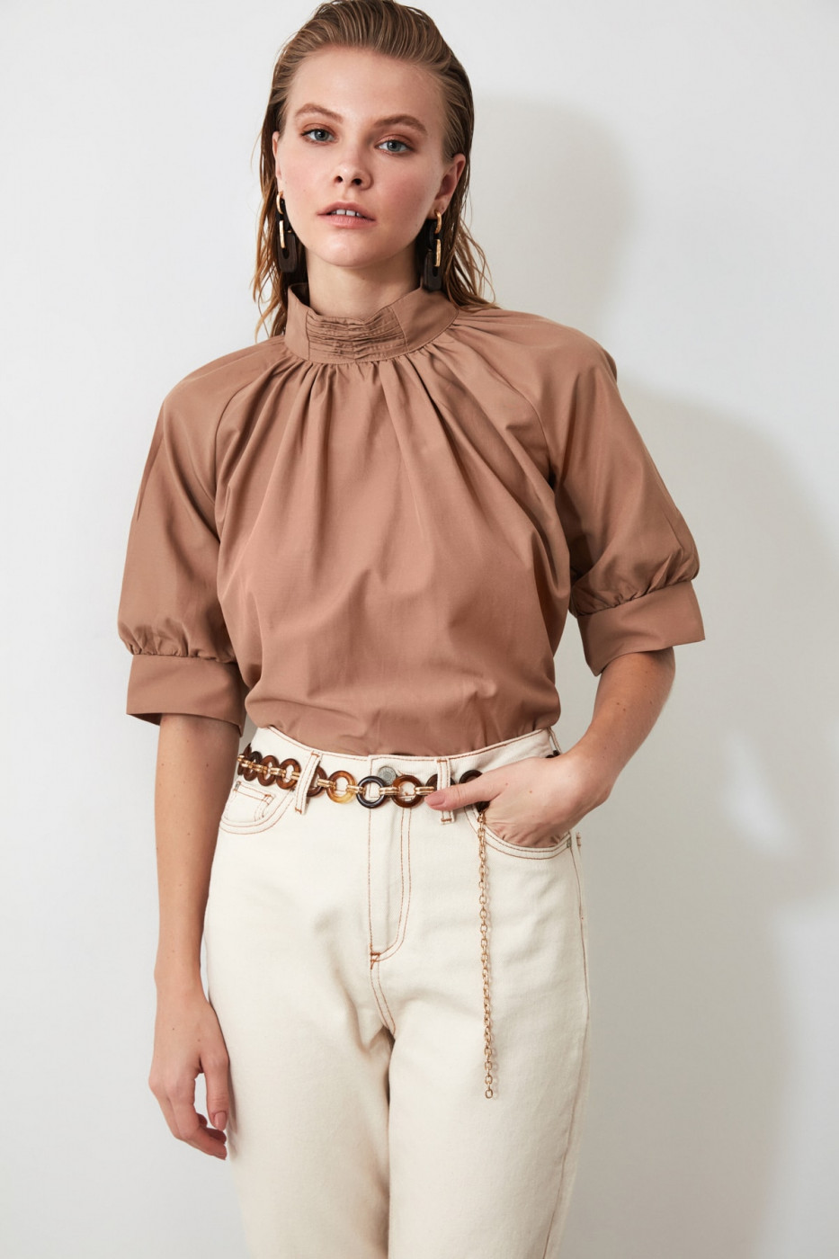 Trendyol Camel Pearl Detailed Blouse
