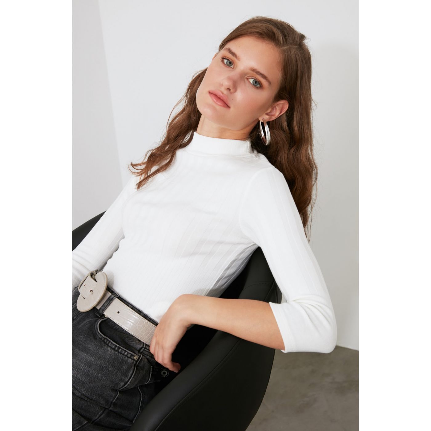 Trendyol Ekru Upright Collar Fitilli Knitted Blouse