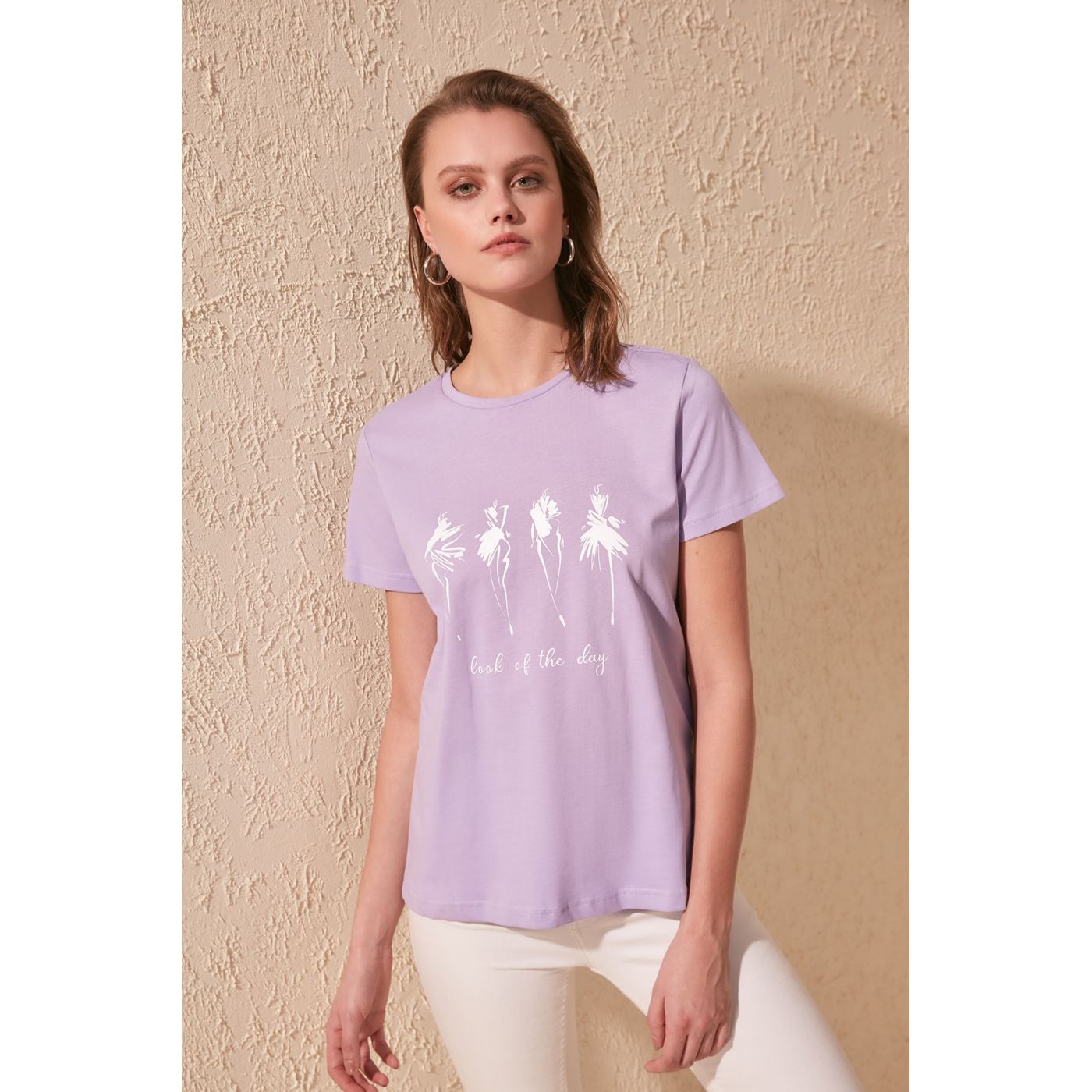 Trendyol Lila Printed Basic Knitted T-Shirt