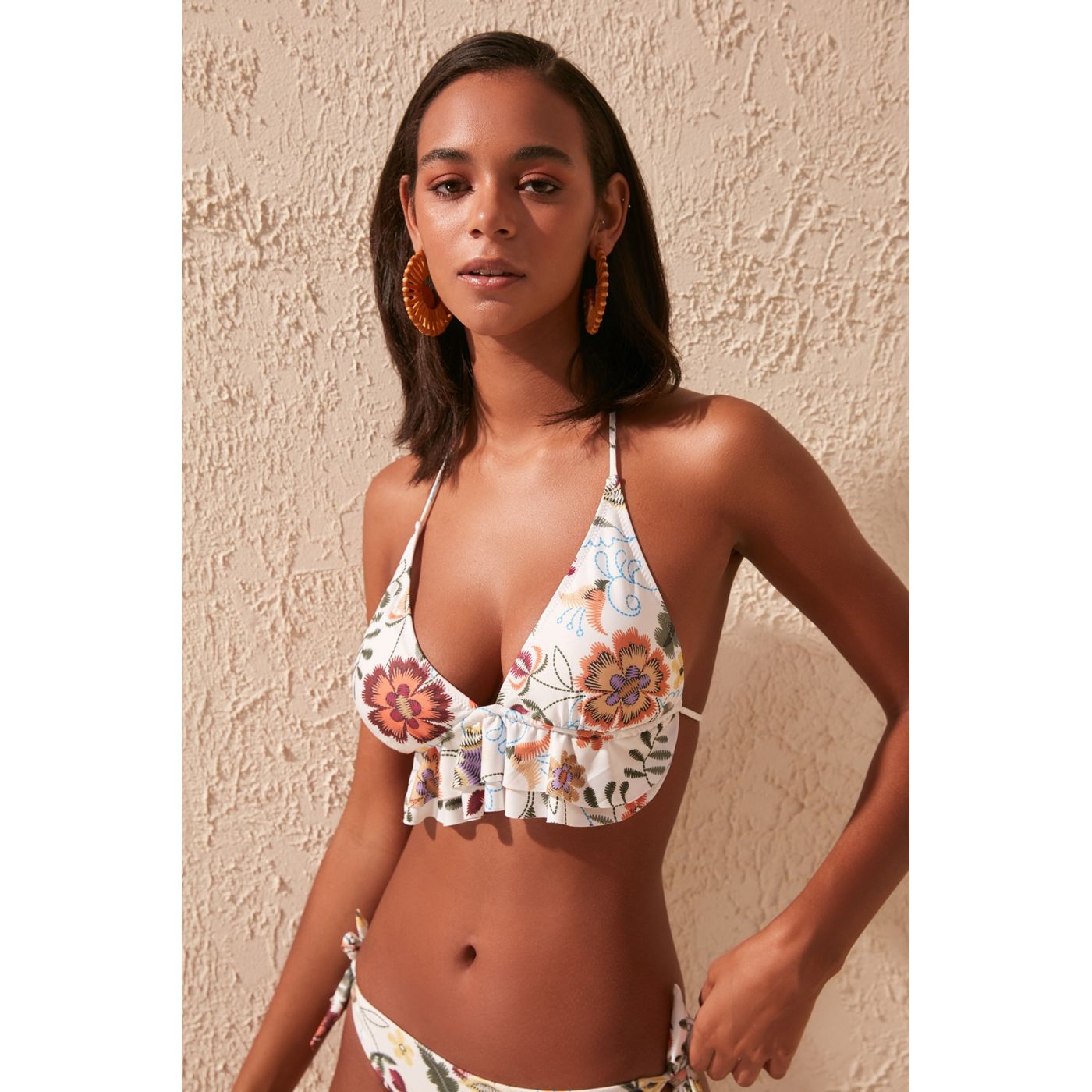 Trendyol Floral Patterned Volan bikini top
