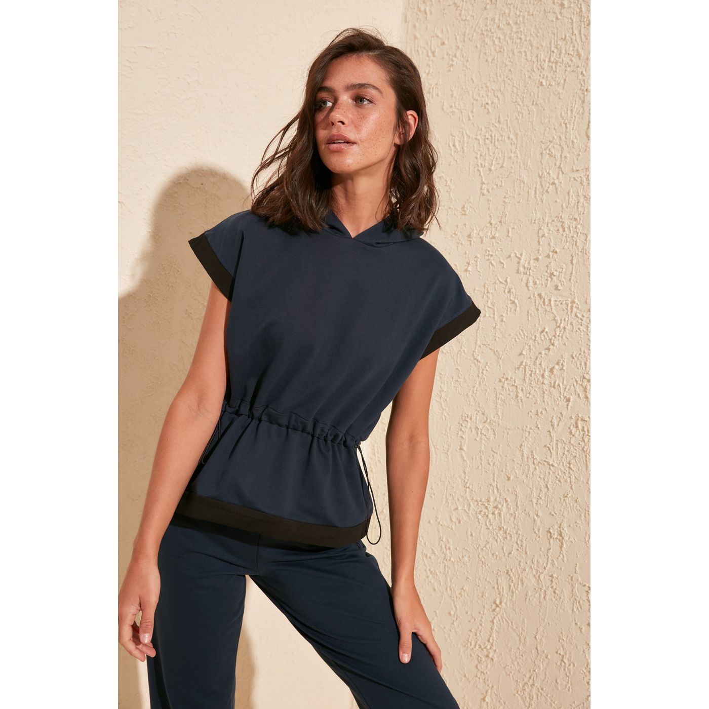 Trendyol Navy Ruffled and Hooded Knitted Sweatshirt