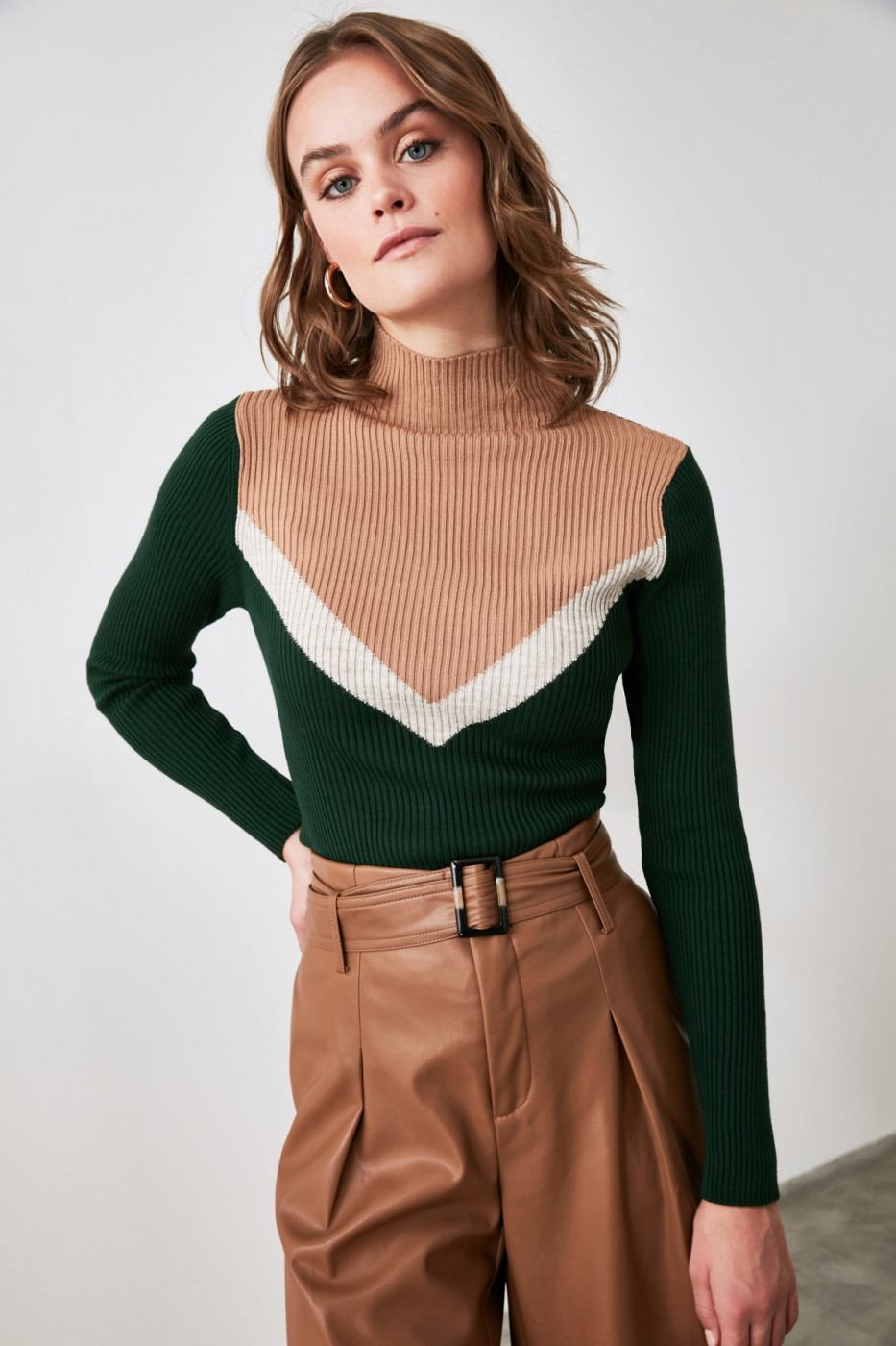 Trendyol Camel Colorblock Knitwear Sweater