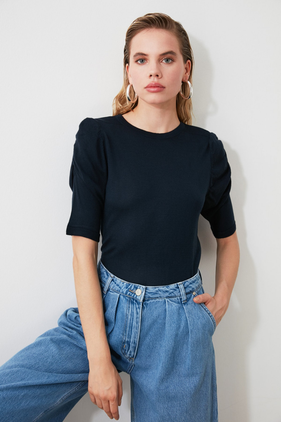 Trendyol Navy Arm Gathered Knit Sweater