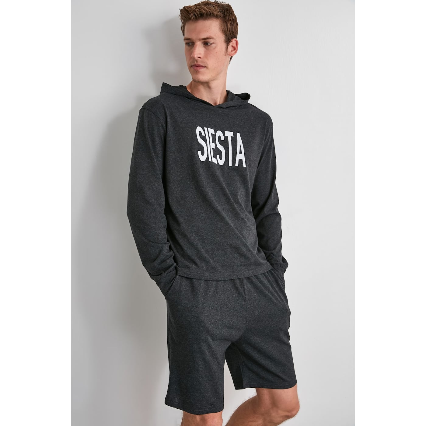 Trendyol Knitted Pajama Set with Anthracite Hooded Slogan