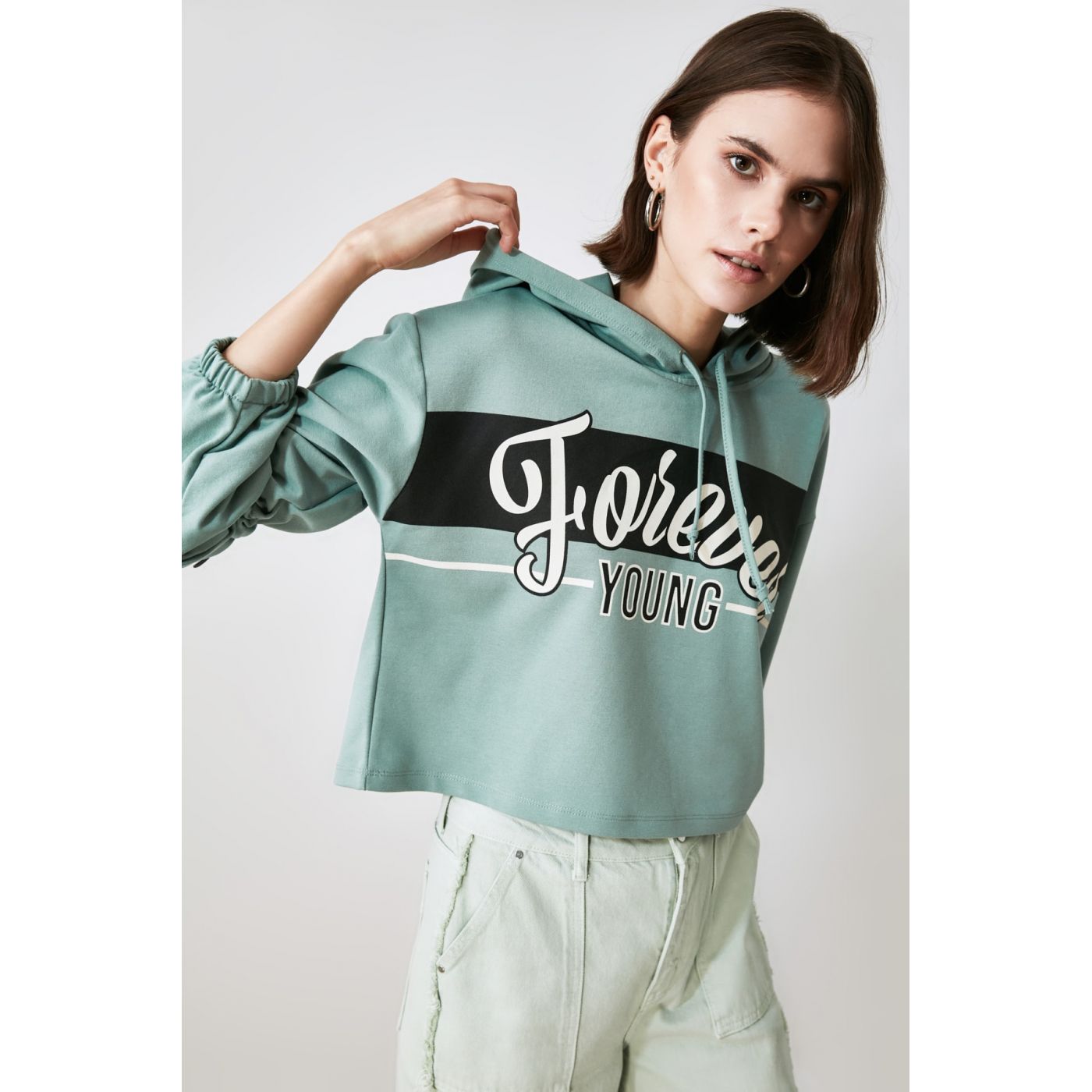 Trendyol Mint Printed Hooded Knitted Sweatshirt