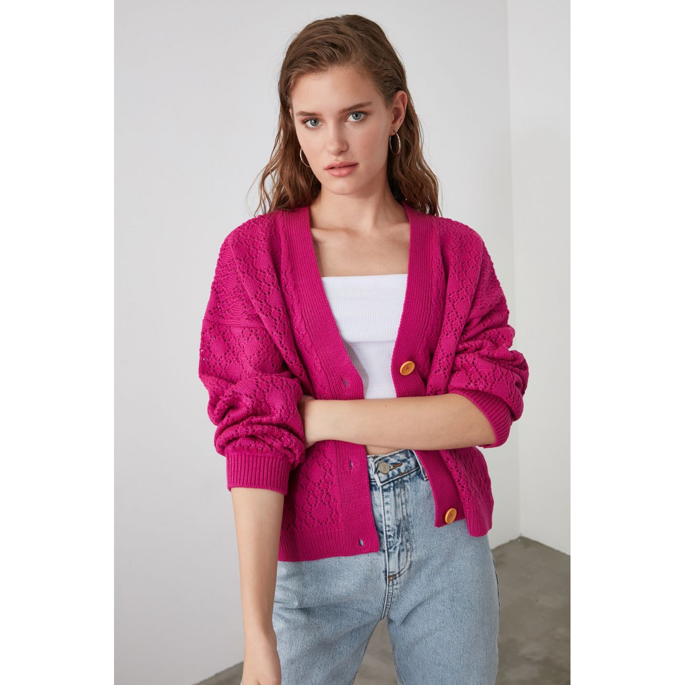 Trendyol Fuchse Heart Braided Knitwear Cardigan