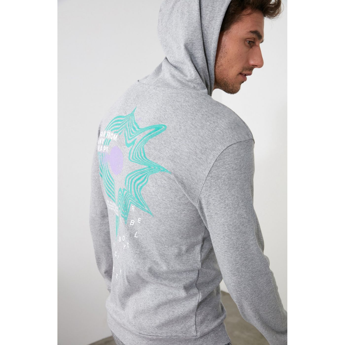 Trendyol Grey Men's Long Sleeve Hooded Back Printed Thin Fabric Sweatshirt