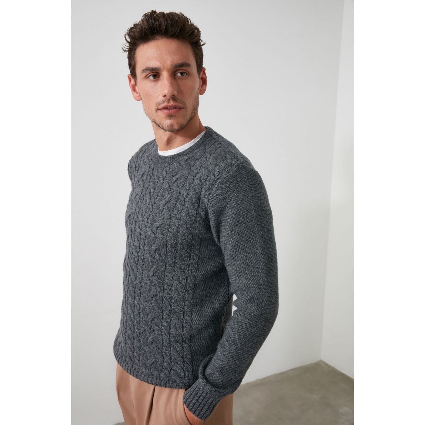 Trendyol Grey Men's Bicycle Collar Braid Sweater