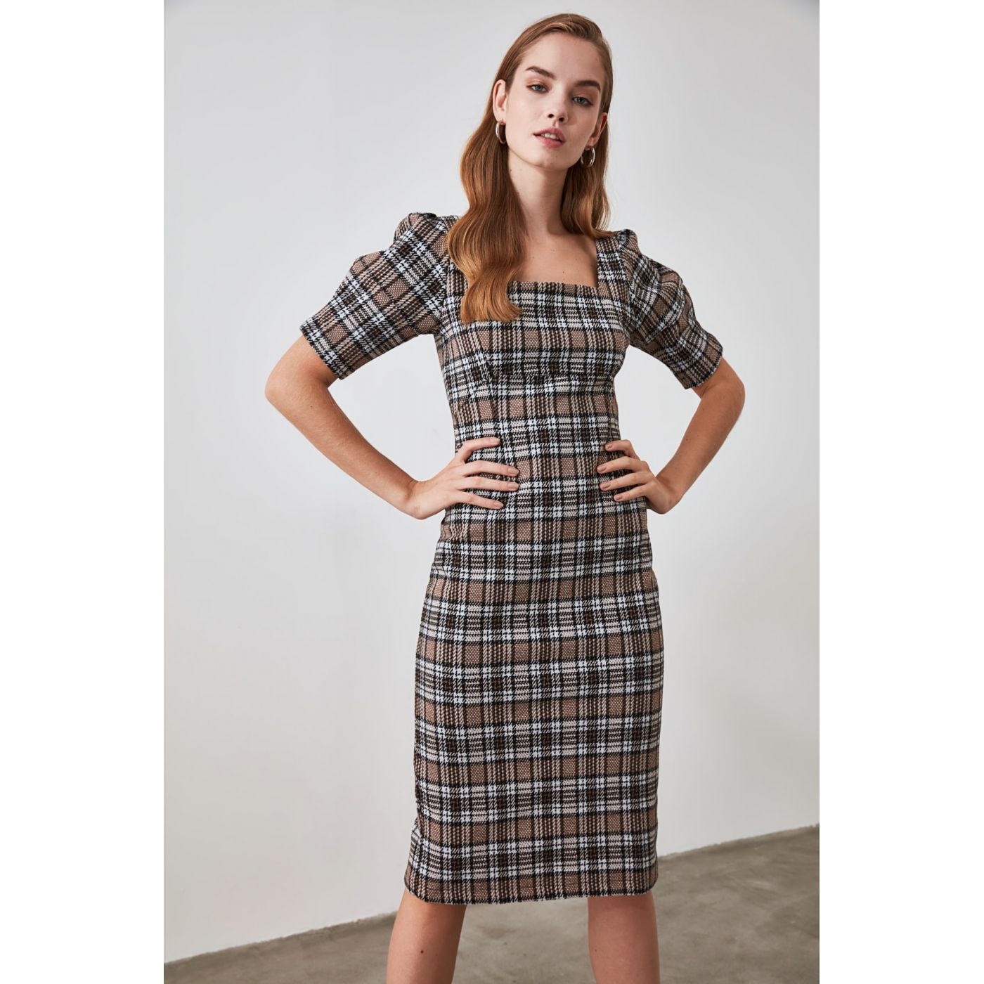 Trendyol Camel Plaid Knitted Dress