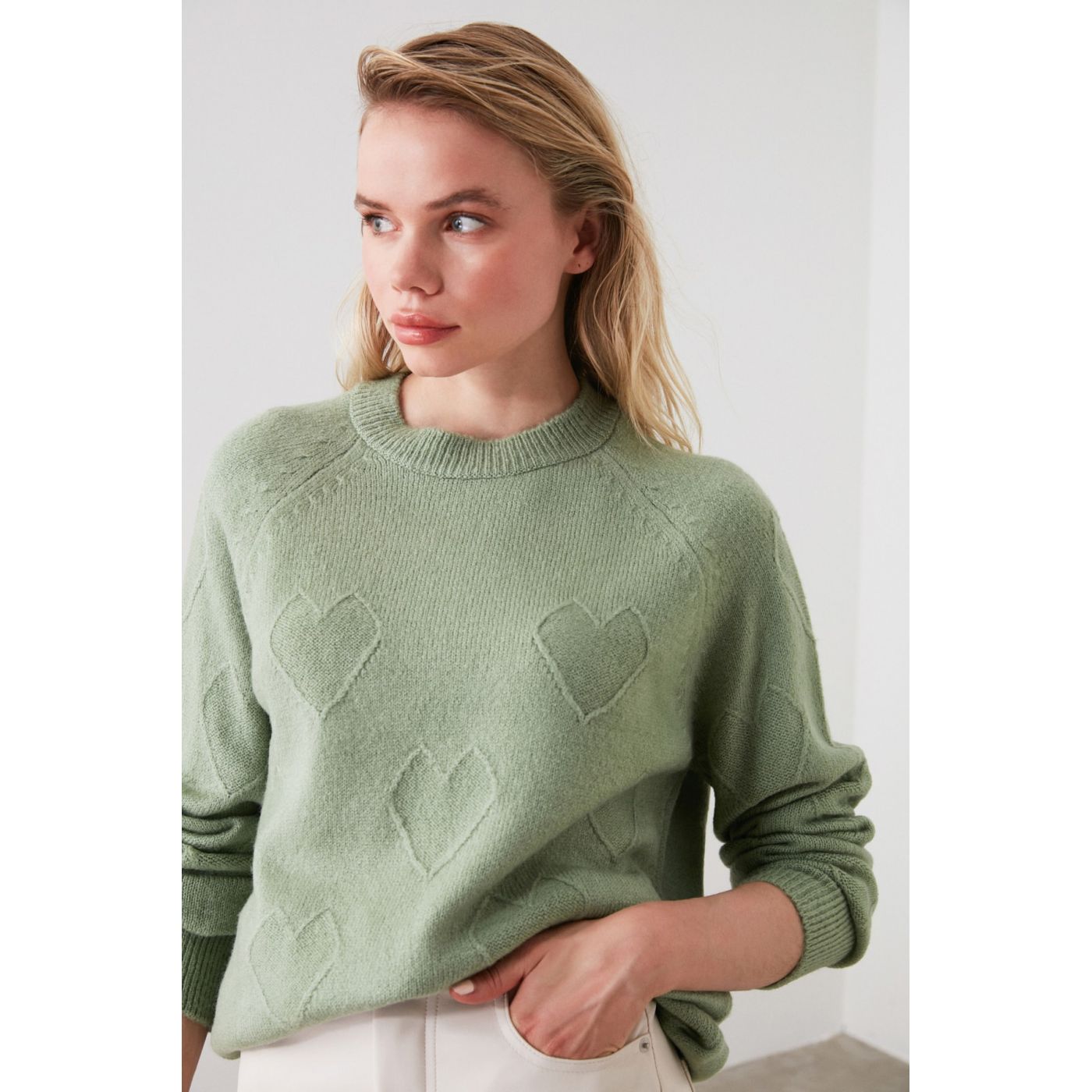 Trendyol Mint Heart Braided Knit Sweater