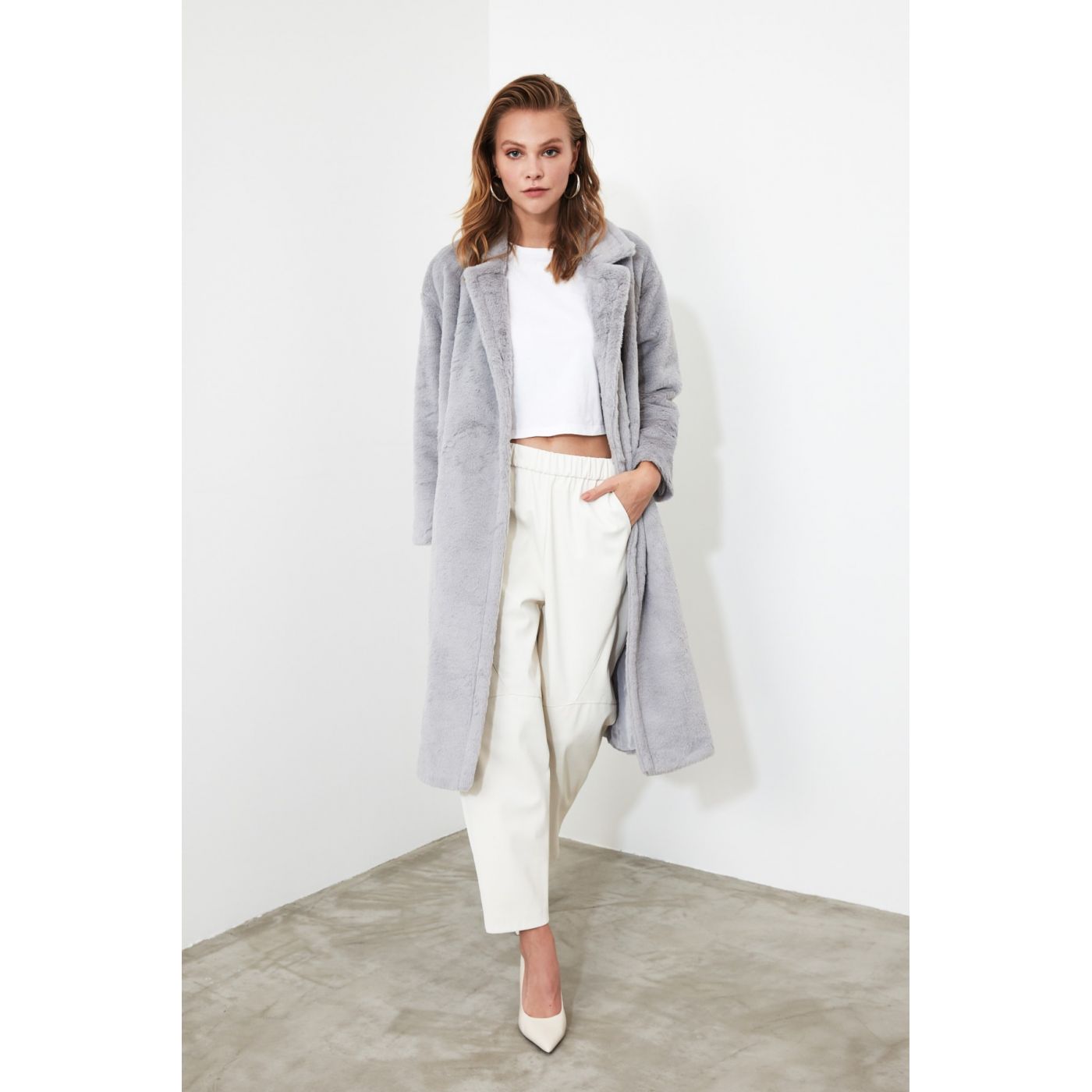 Trendyol Grey Oversize Artificial Fur Long Coat