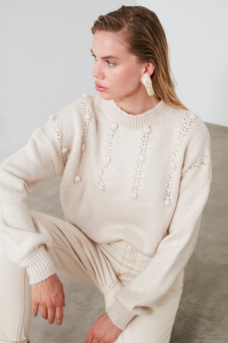 Trendyol Beige Bicycle Collar Ponpoonk Sweater