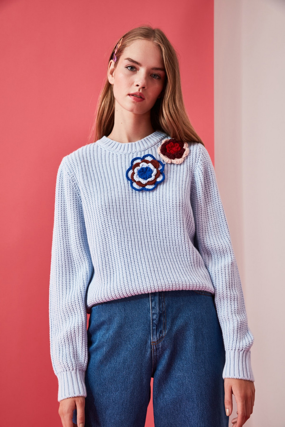 Trendyol Blue Bike Collar Flower Detailed Knitwear Sweater
